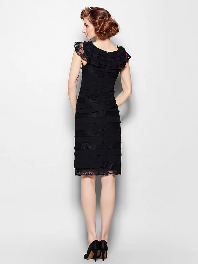 Wholesale Mother of the Bride Dress Little Black Dress Scoop Neck Knee Length Chiffon Lace Sleeveless with Lace Pleats Ruffles